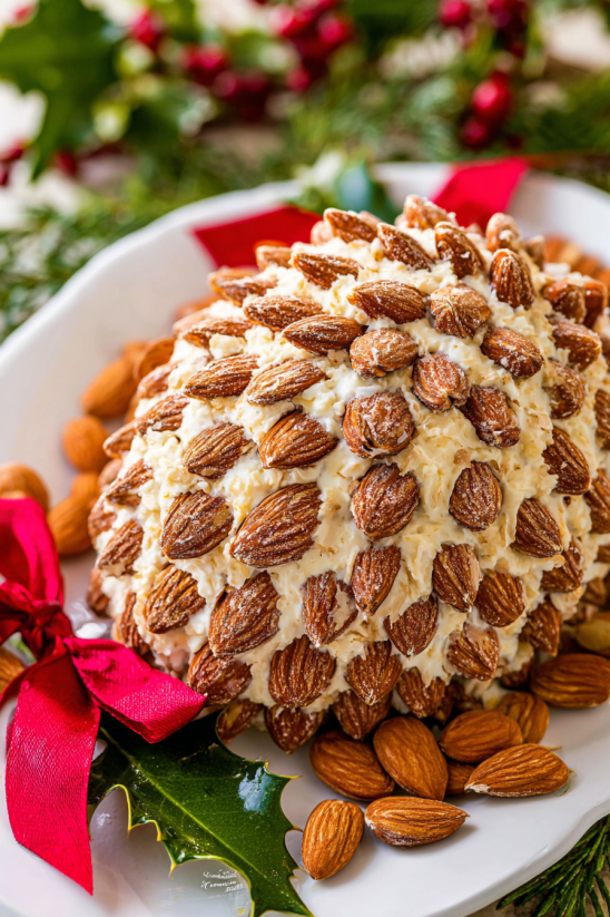 Ein Pine Cone Cheese Ball Recipe, der aus einer Kombination aus Pine Cone, Schokolade, Nüssen und Käse besteht.