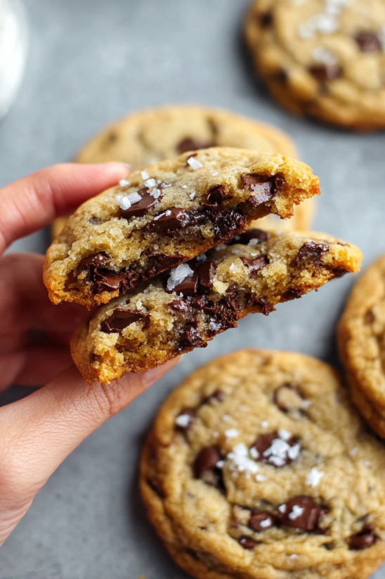 Eine Hand hält zwei Stücke von Chocolate Chunk Cookies, die mit Schokoladensirup und Zucker bestreut sind.