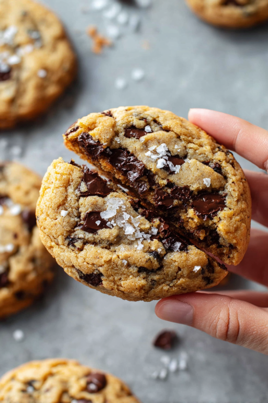 Ein Handgelenk hält einen Teil eines Chocolate Chunk Cookies.