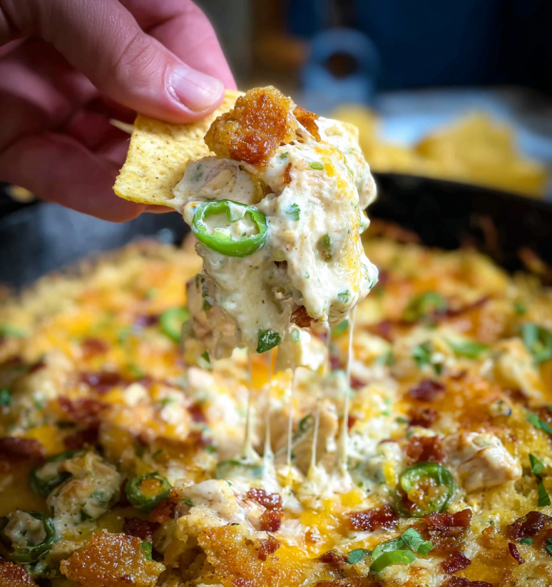 Ein Bacon Jalapeno Popper Dip, der mit einer Hand gegriffen wird.