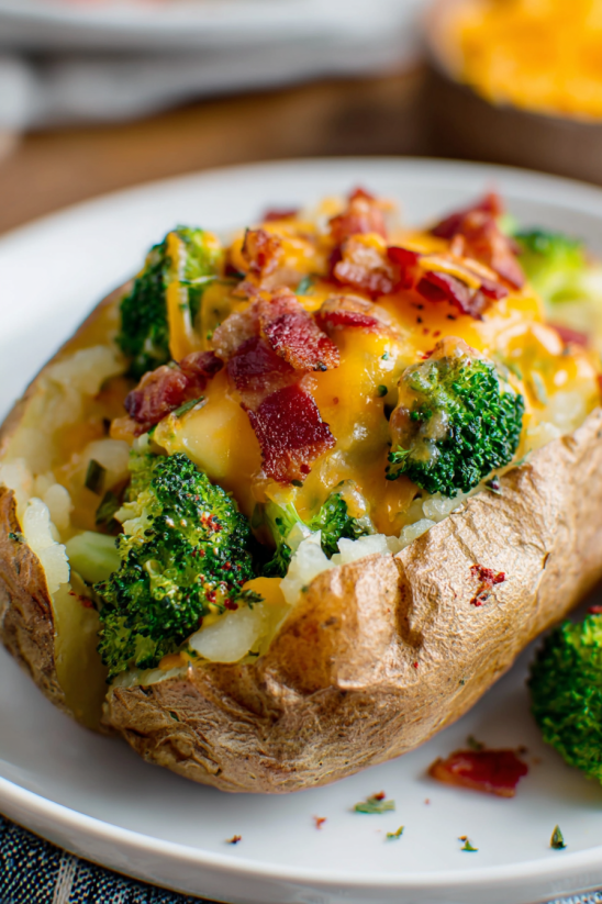 Ein buntes Gemisch aus Kartoffeln, Broccoli, Bacon und Käse auf einem Teller.