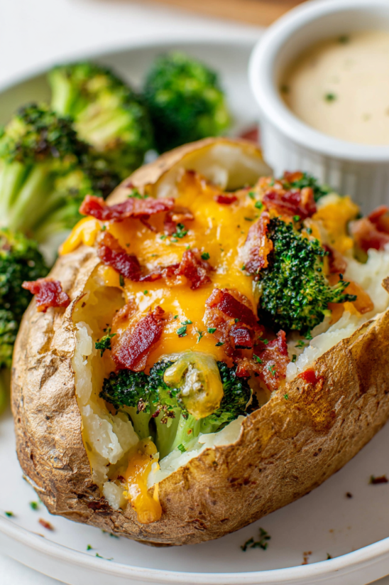 Ein Loaded Baked Potato Rezept mit Bacon, Broccoli und Käse.