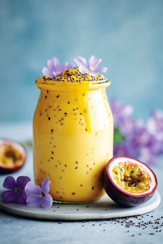 Ein Glas mit einer cremigen Masse, die aus Passionsfrucht, Zucker und Eiern besteht. Es ist auf einem Tisch und hat eine Purpurblüte darunter.