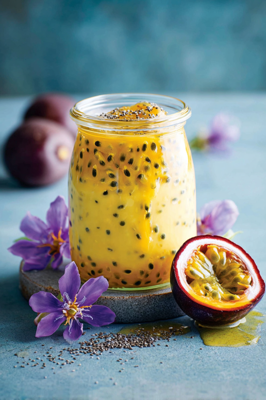 Ein Glas mit einer cremigen Zubereitung, die aus Passionsfrucht, Zucker und Eiern besteht. Es ist auf einem Tisch, der auch eine Purpurblüte enthält.