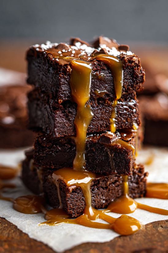 Eine Schicht von "The Best Dark Chocolate Brownies" mit Caramel-Sauce darauf.