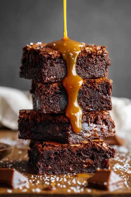 Eine Schicht von "The Best Dark Chocolate Brownies" mit einer Kugel von Caramel-Sauce darauf.