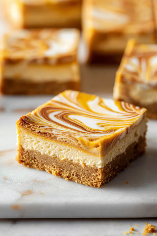 Ein Stück Pumpkin Swirl Cheesecake Bar auf einem Tisch.