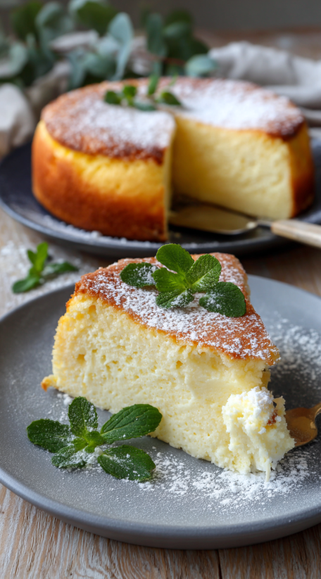 Ein Stück japanische Cheesecake mit Zuckerrüben auf einem Teller.