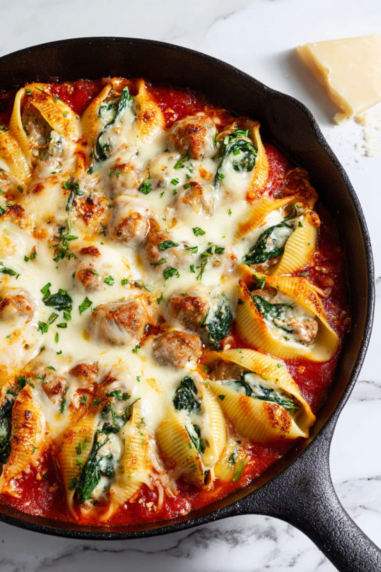 Eine Auflaufform mit Ricotta-Streifen und Spinat.
