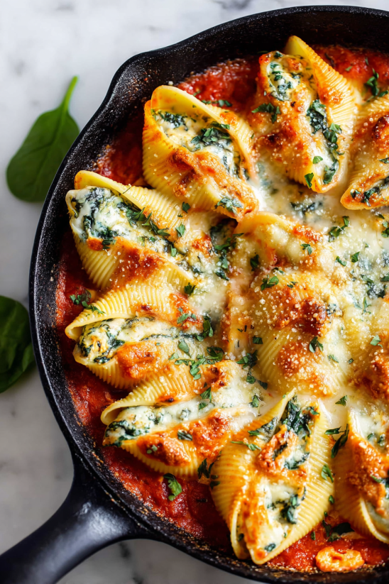 Ein Foto von einer Pfanne mit Penne-Auflauf, der mit Ricotta und Spinat gefüllt ist.