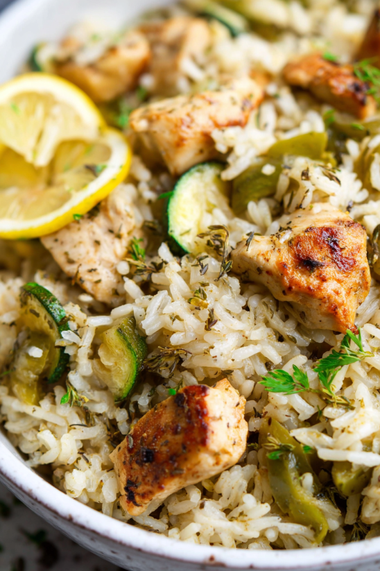 Ein Instant Pot mit einer Mischung aus Reis, Zwiebeln, Zucchini, Zitrone, Knoblauch und Chicken.