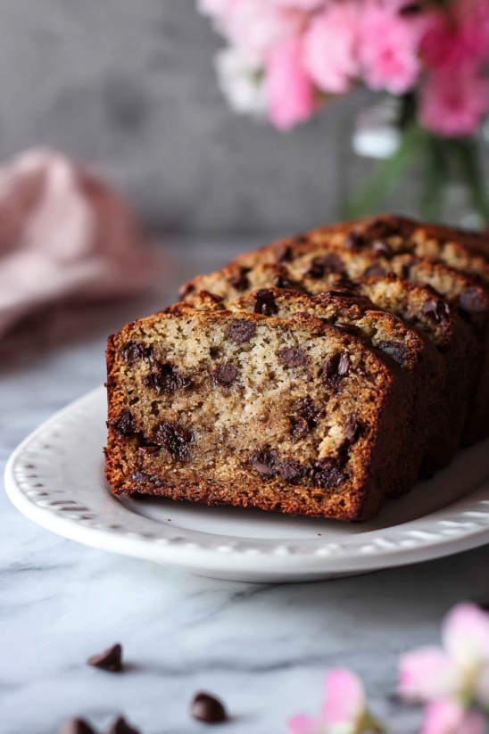 Ein weißer Teller mit einer Scheibe von Easy Chocolate Chip Sour Cream Banana Bread darauf.