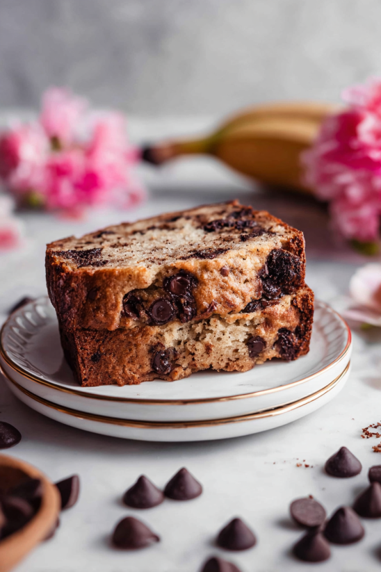 Ein Stück Bananenbrot mit Chocolate Chips auf einem weißen Teller.