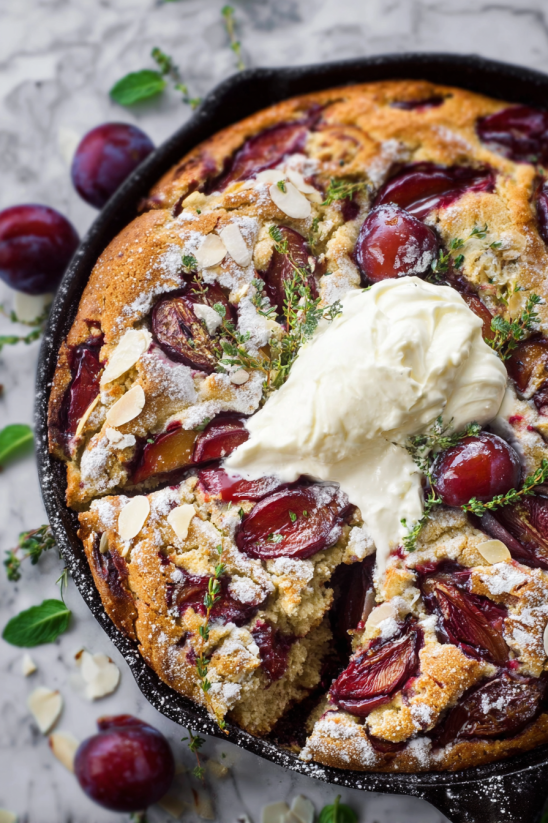 Ein Schmelztopf mit einem Cobbler-Dessert, der aus Plums und Zucker besteht.