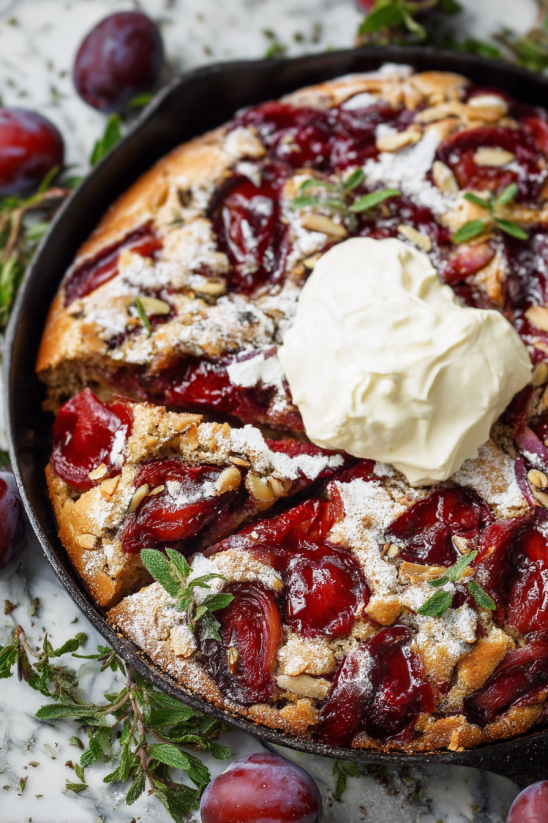 Eine Plum Cobbler in einem Skillet mit Butter und Zucker.