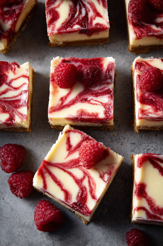 Eine Schicht aus Raspberry, weißem Schokoladen und Käse auf einem Bars.