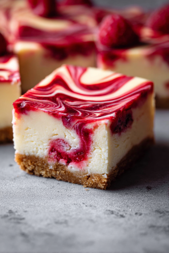 Ein Stück Easy Creamy White Chocolate Raspberry Cheesecake Bars.