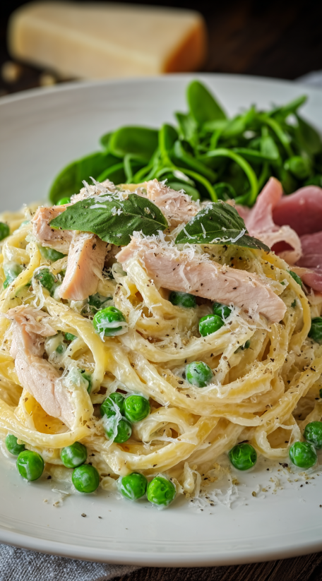 Ein Bild von einer Pasta-Gerichte, die mit Springpeas und gebratenem Hähnchen zubereitet wurde.