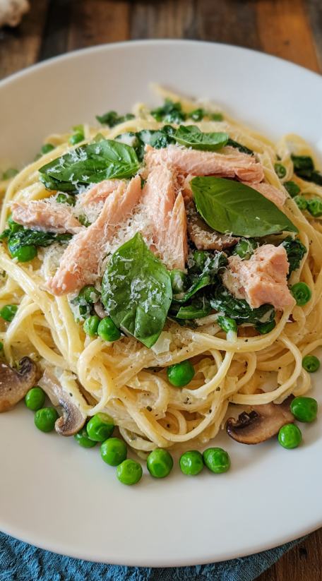 Ein Bild von einer Pasta-Gerichte, die mit Springpeas und gekochtem Hähnchen zubereitet wurde.