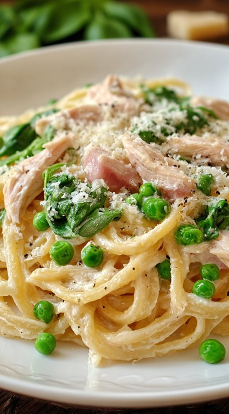 Ein Bild von einer Pasta-Gerichte, die mit Springpeas und Kichererbsen zubereitet wurde.