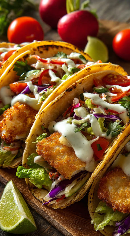 Baja Fish Tacos mit Tomaten, Lettuce, Mayonnaise und Ketchup.