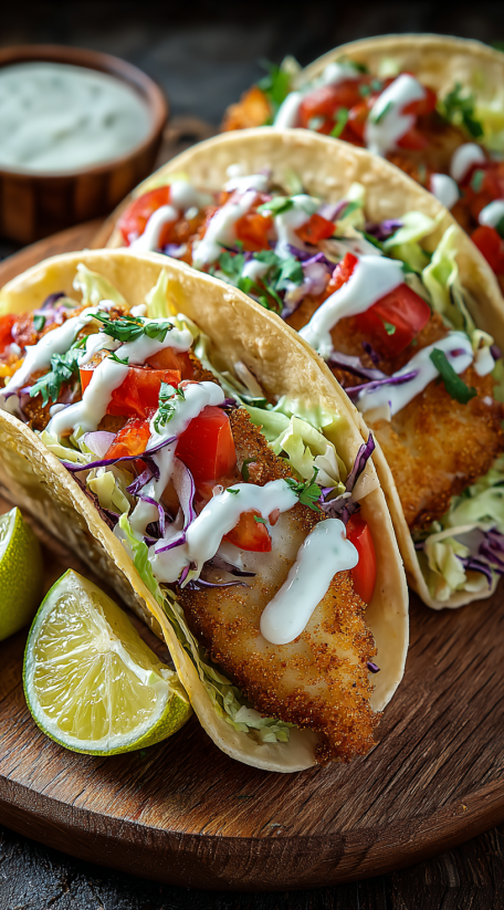 Ein Baja Fish Taco mit Tomaten, Lettuce und Mayonnaise auf einem Taco.