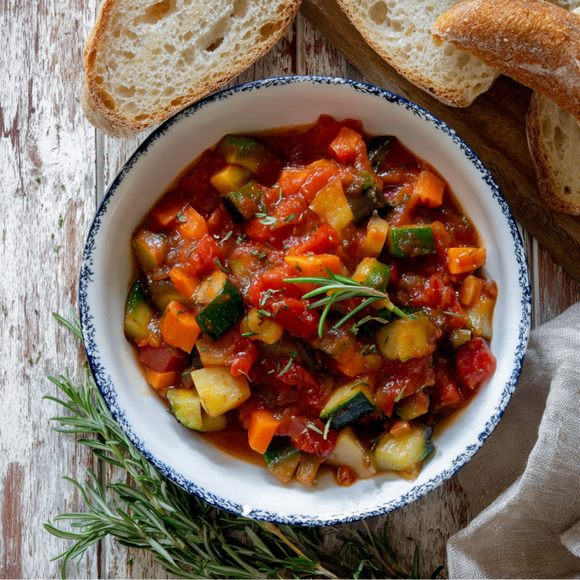 Ein weißer Teller mit einer Zucchini-Ratatouille, die mit Zwiebeln und Basilikum garniert ist.
