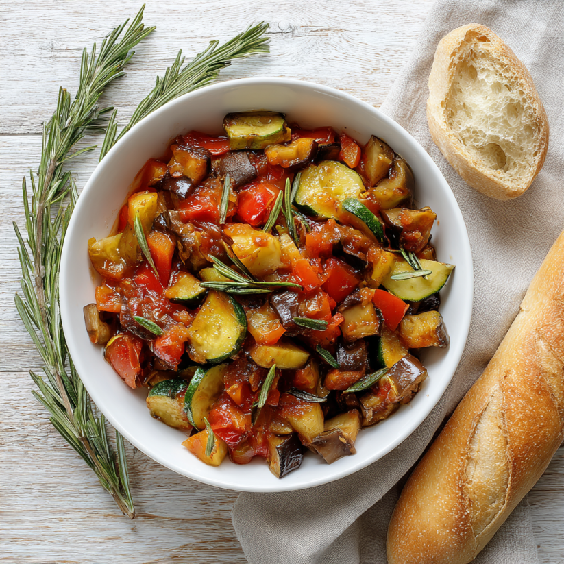 Ein weißer Teller mit einer Zucchini-Ratatouille-Mischung.