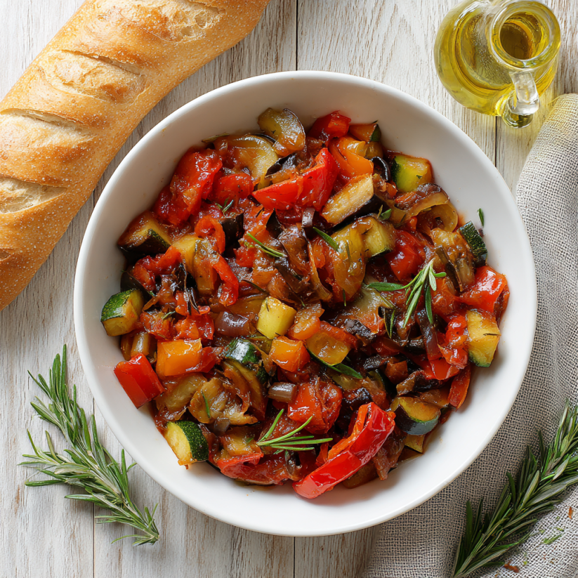 Ein weißer Teller mit einer Zucchini-Ratatouille-Gemisch.