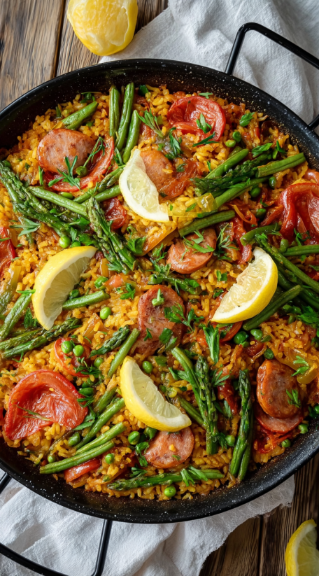 Eine Paella mit reichhaltigen Zutaten wie Tomaten, Zwiebeln, Paprika, Asparagus, Zucchini, Kartoffeln, Koriander, Knoblauch, Zitrone und Salz.