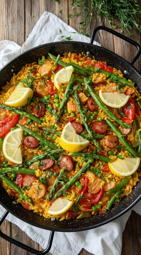 Eine prägnante Bildbeschreibung für das Bild "Vegetable Paella" lautet: "Ein Schälchen mit einer Mischung aus Reis, Asparagus, Tomaten, Paprika, Zwiebeln und Knoblauch.