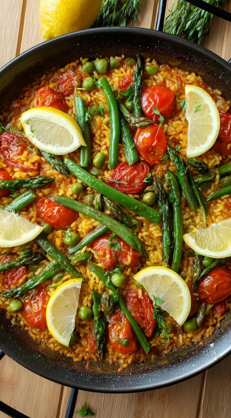 Eine Paella mit verschiedenen Gemüsearten wie Tomaten, Zwiebeln, Paprika, Karotten, Gurken und Zucchini.