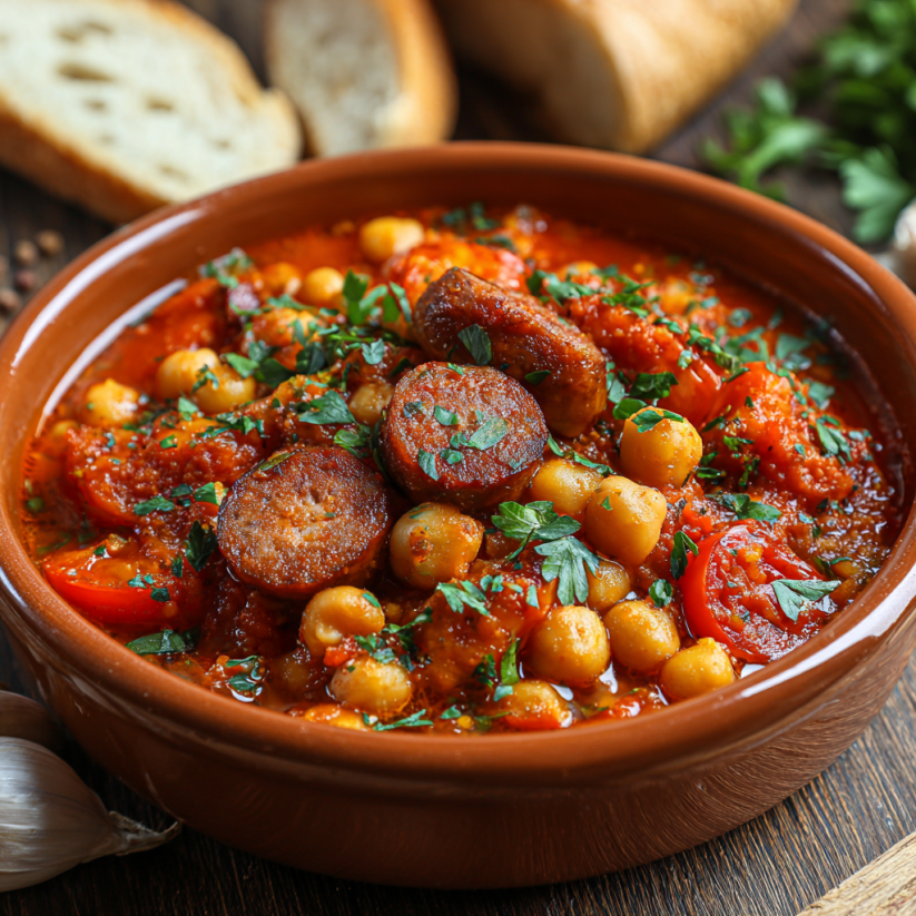Ein Teller mit einer Chickpea Chorizo Stew, die mit Tomaten, Zwiebeln und Gewürzen zubereitet wurde.