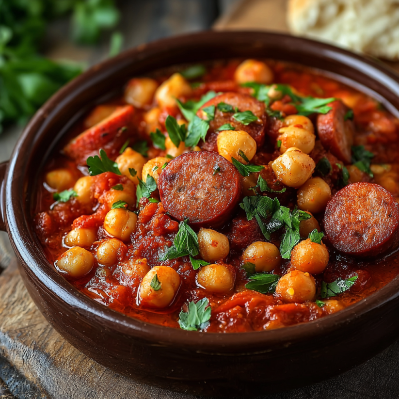 Ein Topf mit einer Chickpea Chorizo Stew, die mit verschiedenen Zutaten zubereitet wurde.