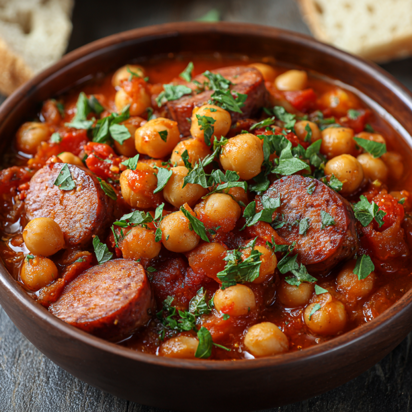 Ein Schälchen mit Chickpeas und Chorizo.