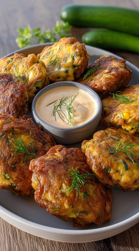 Ein Becher mit Zucchini Fritters und einer Sauce darauf.