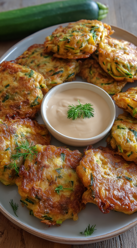 Eine Platte mit Zucchini Fritters, die mit einer Sauce garniert sind.