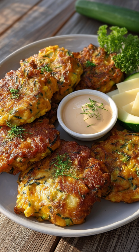 Ein Plate mit Zucchini Fritters, die in einem weißen Behälter mit Sauce gegeben sind.