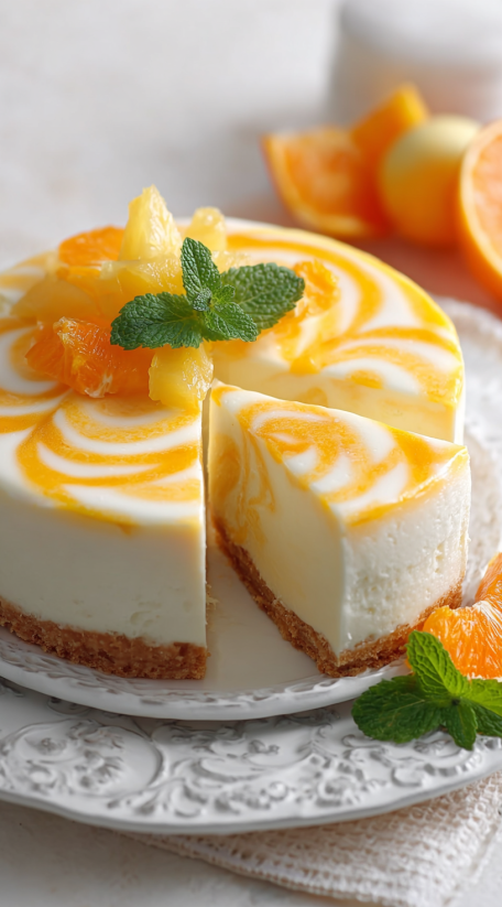 Ein St&uuml;ck No-Bake Pineapple Orange Swirl Cheesecake auf einem wei&szlig;en Teller.