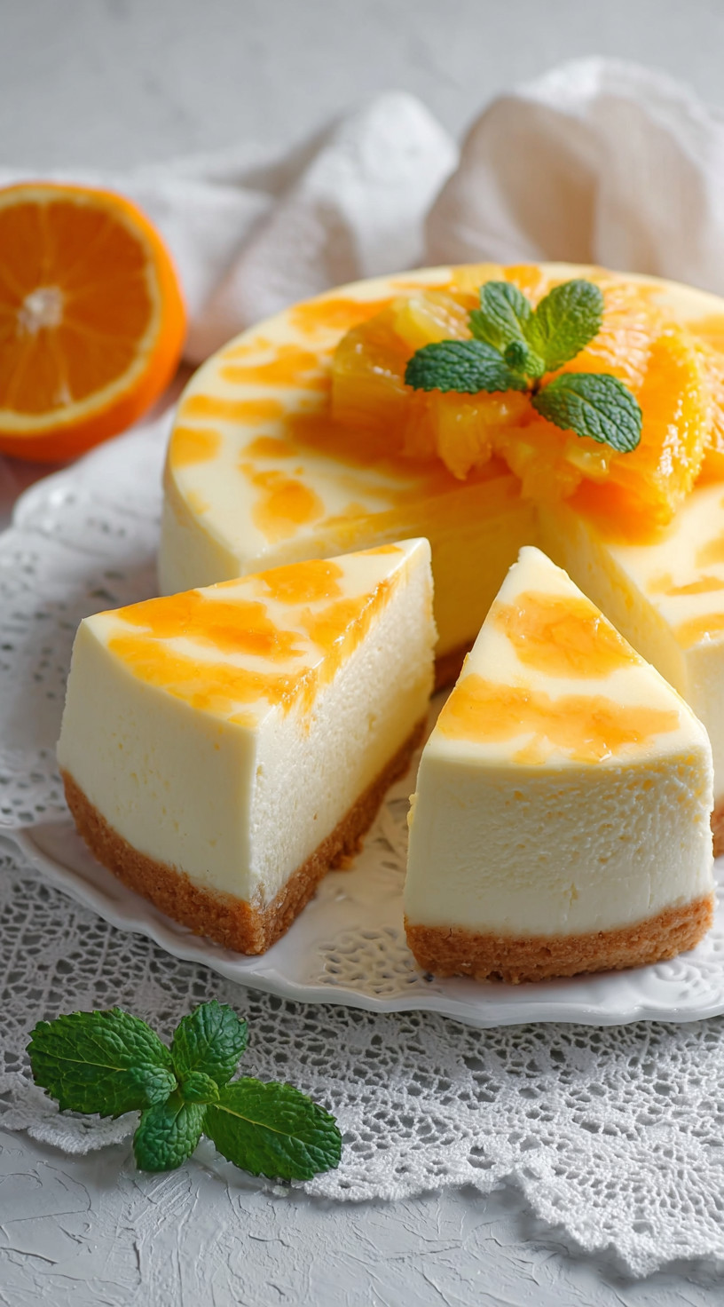 Ein St&uuml;ck No-Bake Pineapple Orange Swirl Cheesecake auf einem wei&szlig;en Teller.