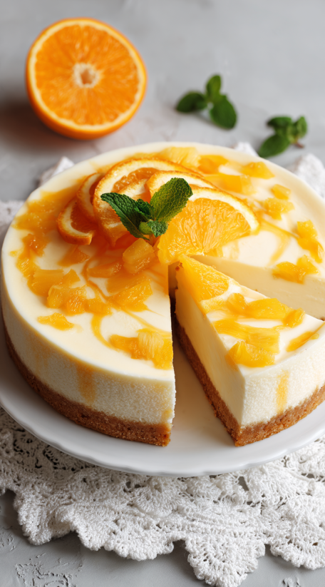 Ein Stück von einem No-Bake Pineapple Orange Swirl Cheesecake auf einem Plate.