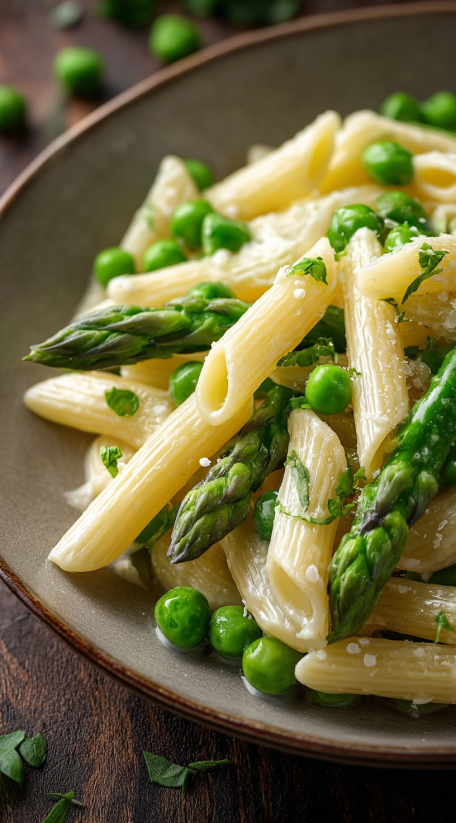 Ein Bild von Pasta mit Spring Greens, die in Pasta-Nudeln eingemischt sind.
