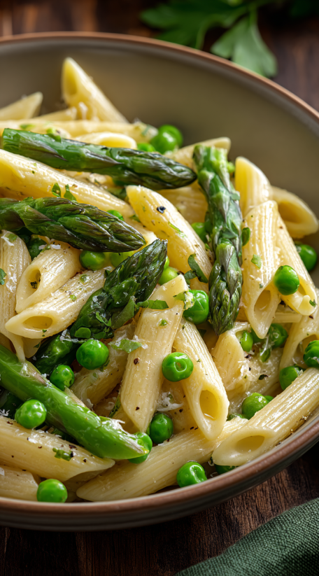 Ein Bild von Pasta mit Spring Greens, die in Pasta-Nudeln eingemischt sind.