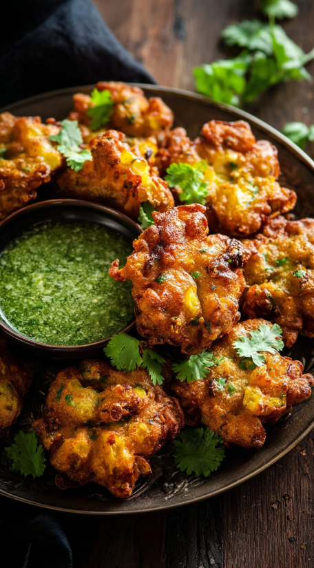 Ein Teller mit einer Mischung aus Koriander und einer anderen Zwiebelart, die als Zutaten für die Vegetable Pakoras verwendet werden.