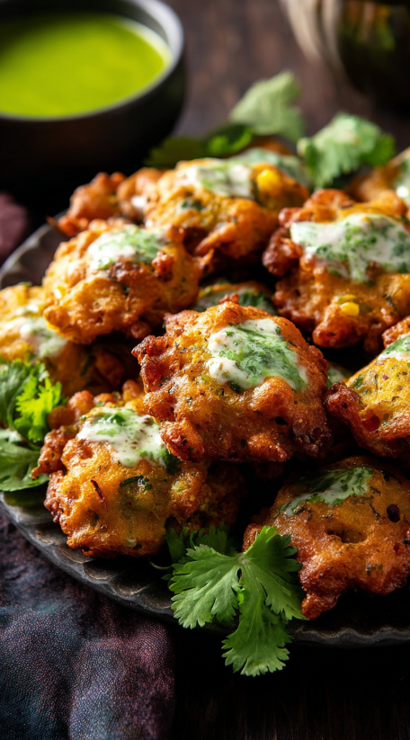Eine Platte mit verschiedenen Vegetable Pakoras, darunter Kartoffeln, Zwiebeln und Koriander.