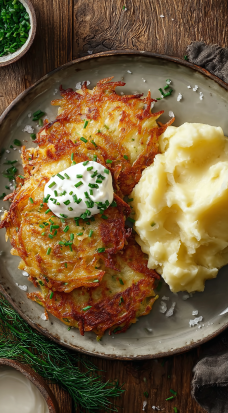 Ein Plate mit Kartoffelpancakes, die mit Mayonnaise und Kräutern garniert sind.