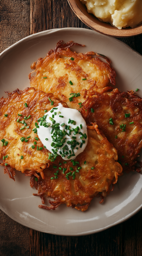 Ein Plate mit drei Stücken Crispy Potato Pancakes, die mit Mayonnaise und Kräutern garniert sind.