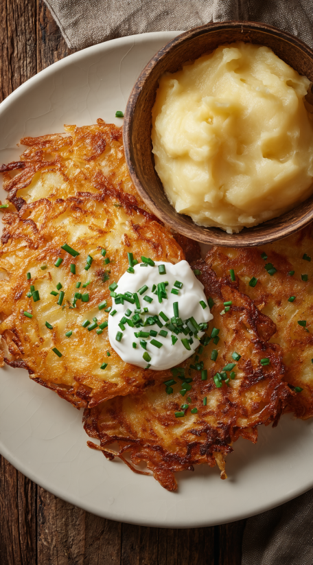 Ein Bild von Crispy Potato Pancakes, die mit Mayonnaise und Kräutern garniert sind.