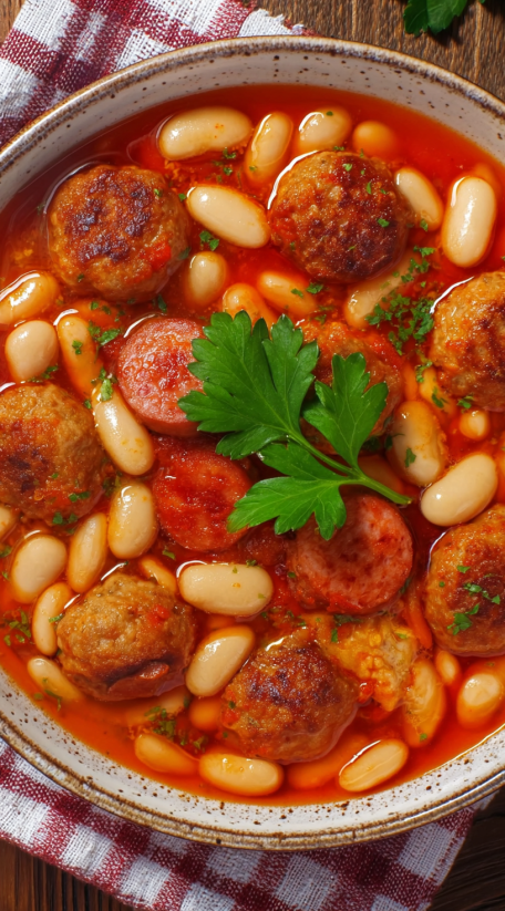 Ein Topf mit Sucuklu Kuru Fasulye, bestehend aus Sucuk, Kichererbsen, Tomaten und Zwiebeln.