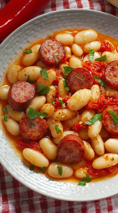Ein Bild von Sucuklu Kuru Fasulye, das eine Mischung aus Sucuk, Beansprouts, Tomaten, Kartoffeln und anderen Gemüse enthält.